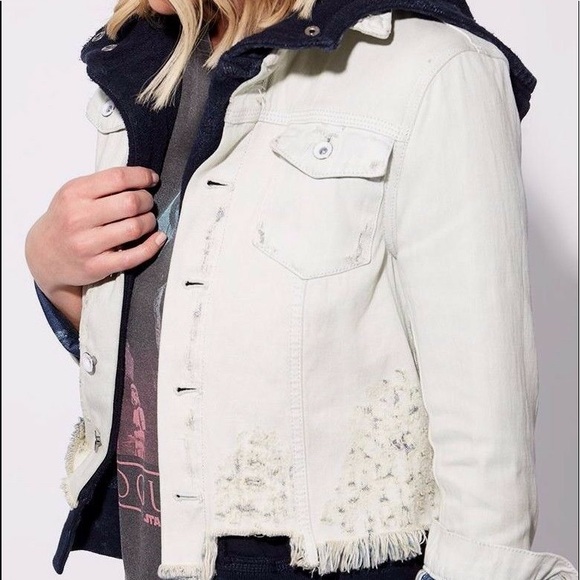 Free People Distressed Denim Sweatshirt Jacket Hood - Picture 3 of 8